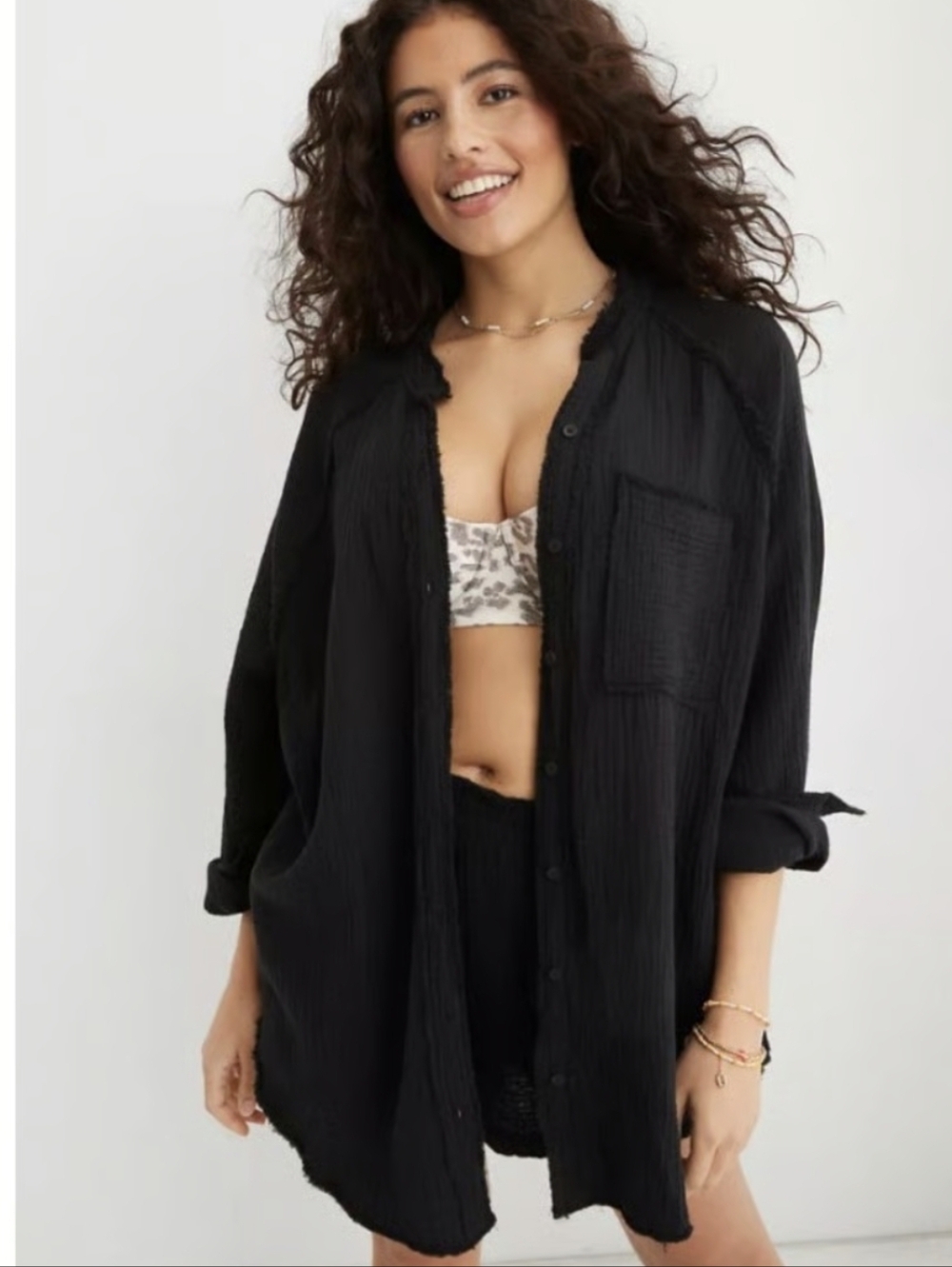 Aerie American eagle Pool to party coverup button shirt blouse oversized Xs